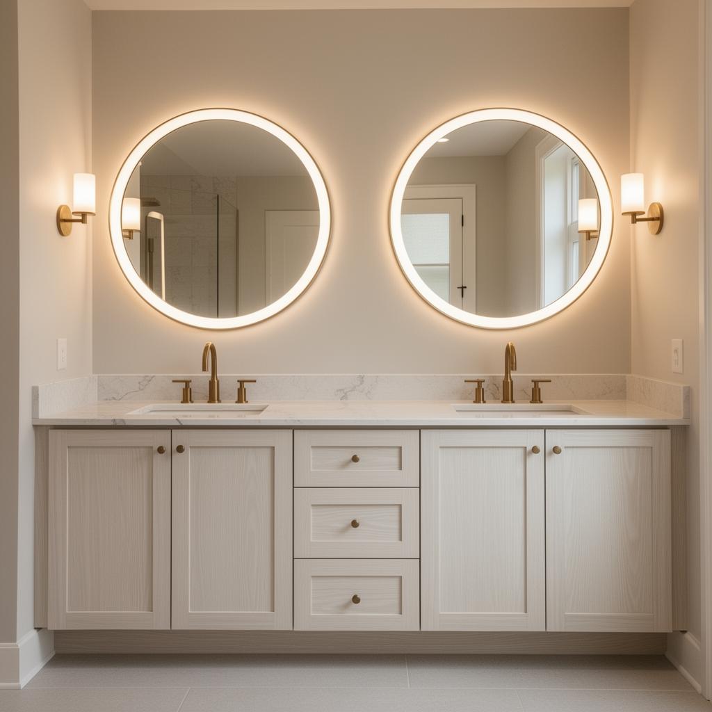 Double vanity with backlit mirrors